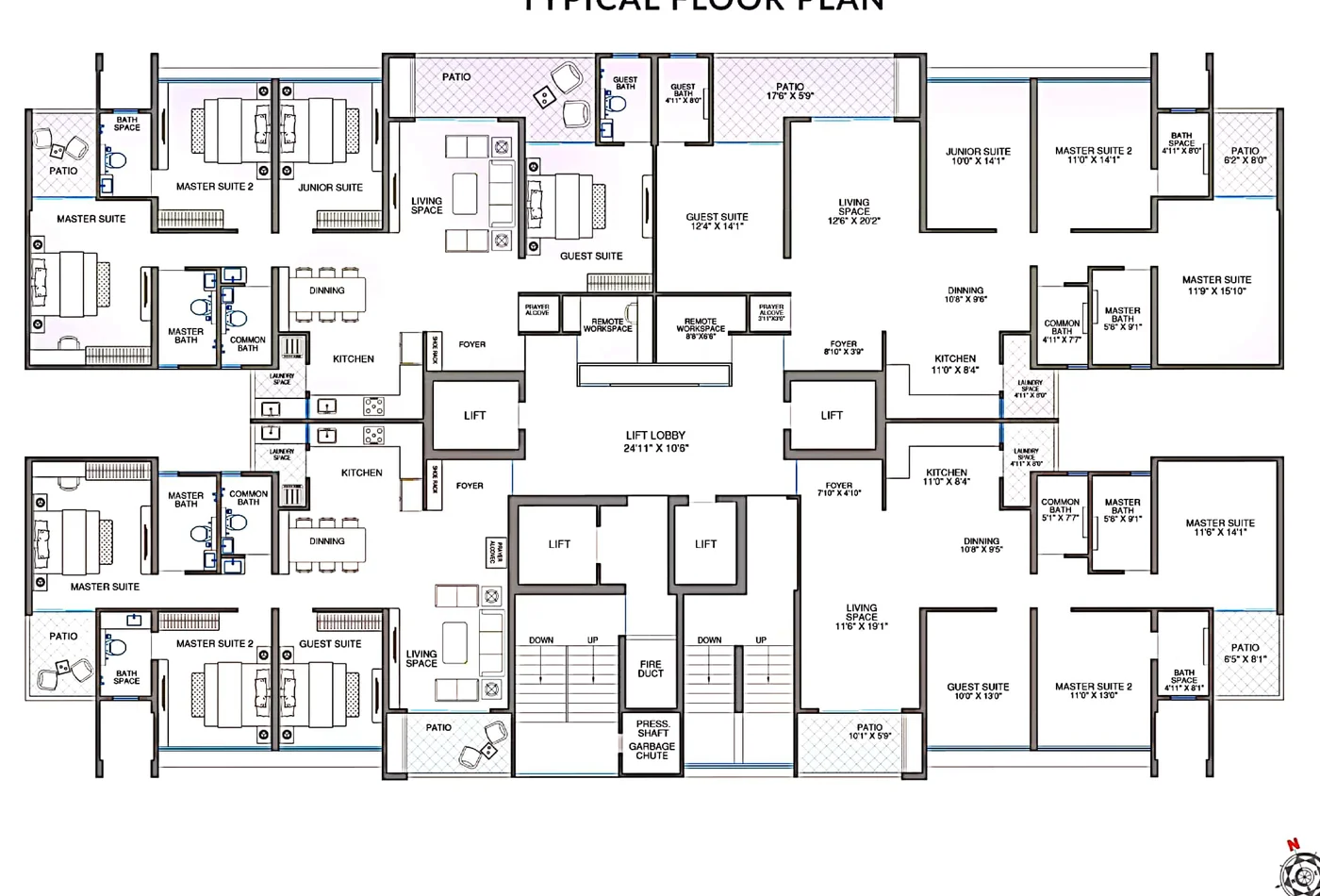 Shubh Tristar typical floor plan - 4 corner apartments per floor